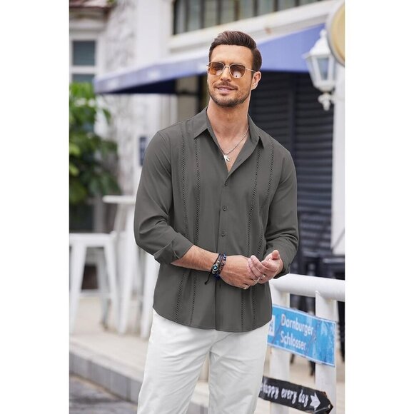 ❤️Mens Grey Cuban Shirt Casual Button Down Shirts Long Sleeve Beach Shirts - Picture 2 of 5